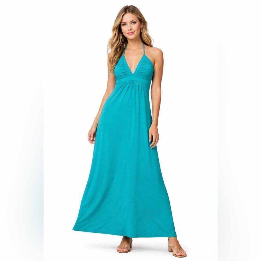 Susana Monaco Women's V Neck Tie Halter Neck Maxi Dress in St Tropez Size Small